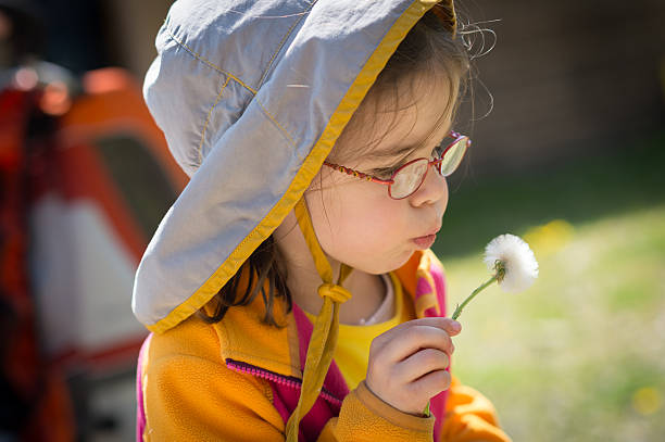 Adorable little girl shows off wildflower she picked while playing outdoors in nature