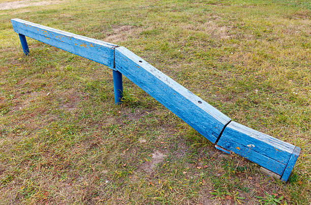 A blue wooden beam is leaning against a grassy field. The beam is bent and has a few screws