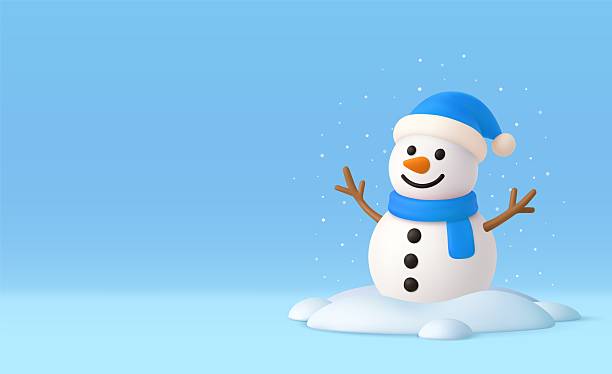 istock 3D snowman with blue hat and scarf in snowy landscape 2243164059