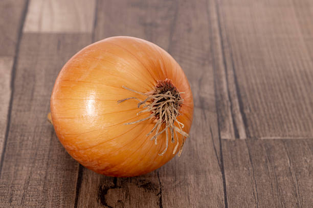 Fresh single onion lying on wooden kitchen board, close up. Perfect for culinary, healthy eating, and organic food concepts