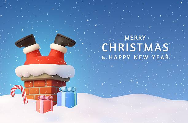 istock 3D Santa stuck in chimney Christmas card. 2243169178