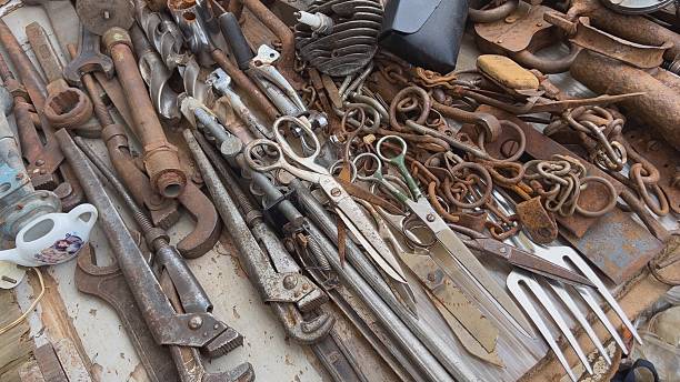 A flea market of old rusty things and tools