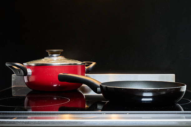 istock saucepan, frying pan on stove from front 2243175354