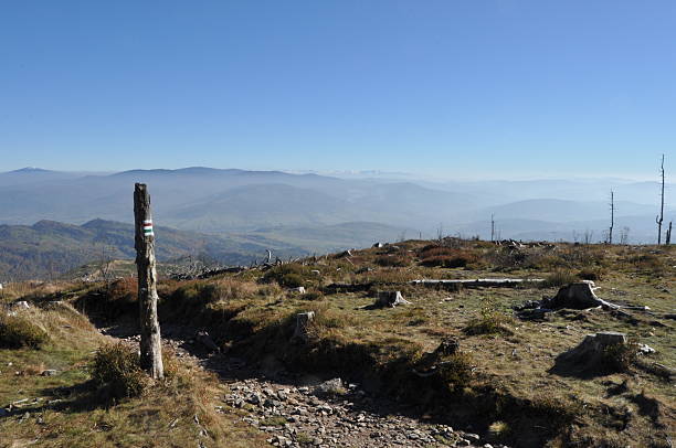 Atop a mountain, a clear landscape stretches out with rolling hills and distant peaks. The sky is bright blue, and the trail leads through sparse vegetation, showcasing natural beauty.