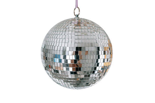 istock Hanging silver disco ball isolated on white background. Classic retro party decor 2243175761