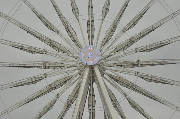 A giant Ferris wheel is illuminated with lights as it turns slowly on a cloudy day. People enjoy rides while the structure towers above the park attractions.