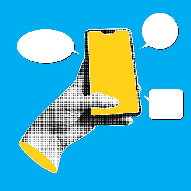 istock Human hand holding smartphone with speech bubbles. Trendy collage banner. Online communication concept. Modern art with halftone effects. Vector pop art illustration. 2243176047
