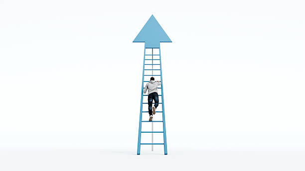 istock Man climbing a ladder that ends with an upward arrow, ambition, goal, direction, progress, motivation, success, determination, 3d render 2243176649