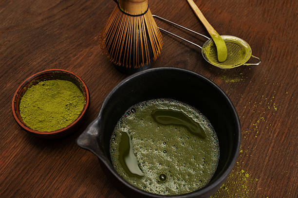 istock Japanese ceremony . Green powder tea matcha , healthy drink. Rustic background 2243178551