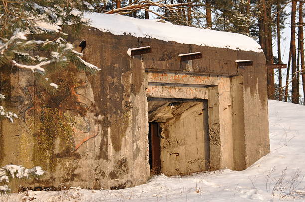 istock Old concrete bunker covered in snow amidst tall pine trees during wintertime in an abandoned setting 2243178566