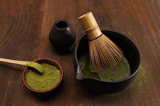 istock Japanese ceremony . Green powder tea matcha , healthy drink. Rustic background 2243178629