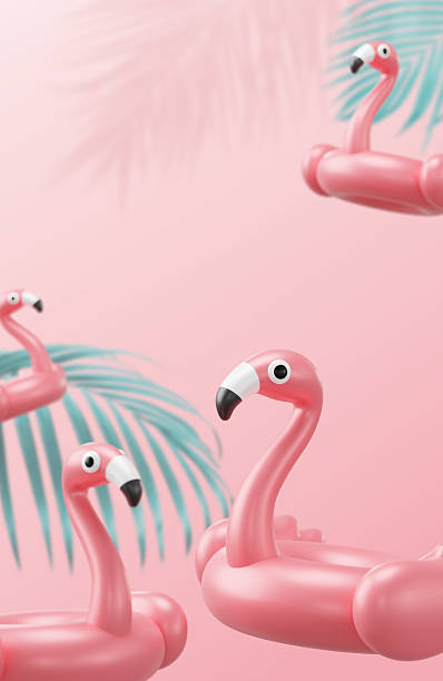 istock Inflatable flamingo ring pool float with palm leaves on pink background with copy space 3D render 2243183824