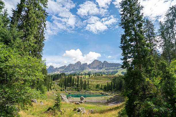 Scenic view of the famous Lago di Carezza (Karersee) in the Dolomites, northern Italy. The emerald lake is surrounded by dense pine forest and overlooked by the impressive Latemar mountain range. A peaceful alpine landscape capturing the beauty of nature, reflection, and the harmony between water, forest, and rock — perfect for concepts of wilderness, travel, and eco-tourism.