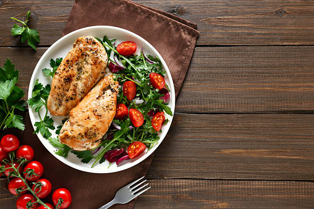 istock Baked chicken breast and vegetable salad on plate 2243191773