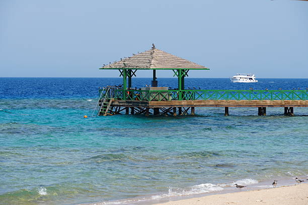 A wooden pier extends into the turquoise waters of Orange Bay near Hurghada, Egypt. The photo captures the vibrant colors of the Red Sea, clear sky, and calm atmosphere. The scene highlights the natural beauty of the Egyptian coast, perfect for a relaxing vacation or tropical getaway.
