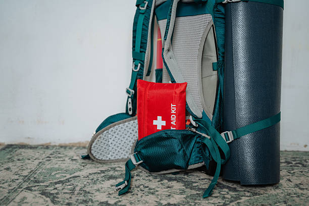 istock A neatly organized backpack sitting on the floor is equipped with a fullystocked first aid kit and a rolled yoga mat, all prepared for any upcoming adventure or exercise activities 2243217297