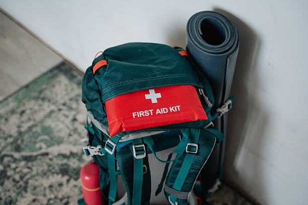 istock A first aid kit is on a reliable backpack beside a rolled yoga mat, providing easy access for emergencies during outdoor adventures or fitness activities, promoting safety 2243217316