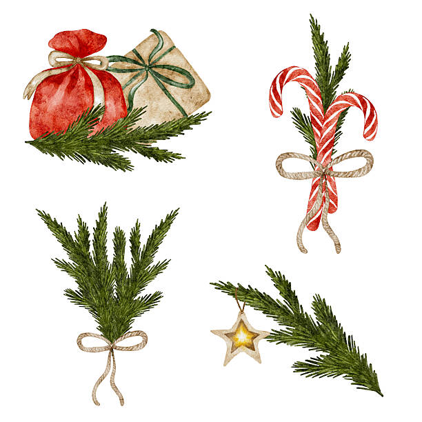 istock Watercolor Christmas holiday elements of a gift, tree, and more 2243218481