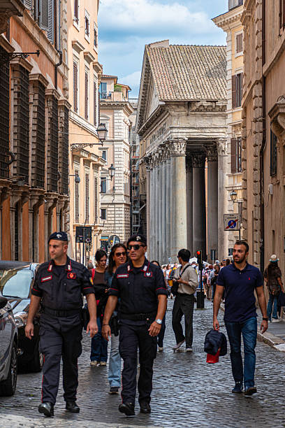 Rome, Italy - October 12, 2025: Italian Police officers on the street leading to Pantheon.