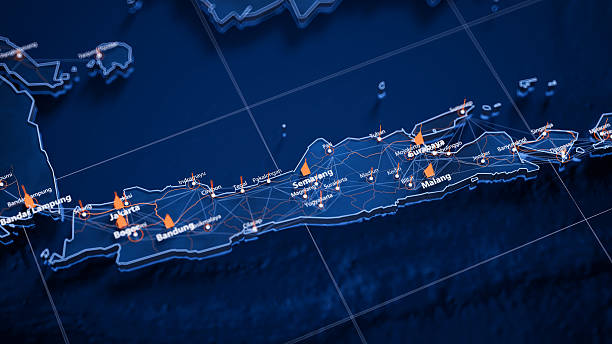 istock Semarang map big data visualization. Futuristic map infographic of city in Indonesia. Visual map data complexity in modern blue and orange colors 2243235619