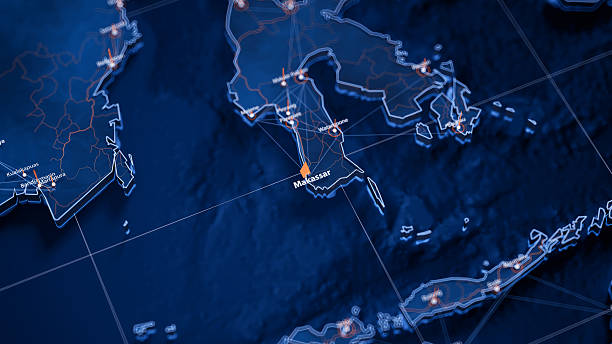 istock Makassar map big data visualization. Futuristic map infographic of city in Indonesia. Visual map data complexity in modern blue and orange colors 2243235639