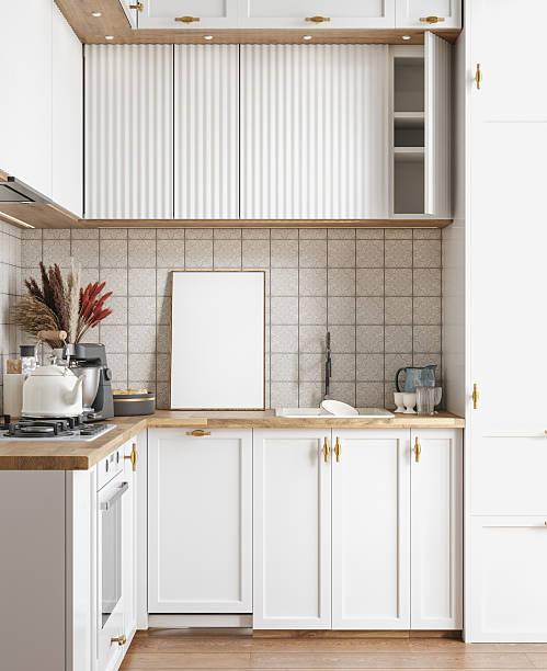 istock Frame mockup in cozy light kitchen interior, Scandinavian style 2243235692