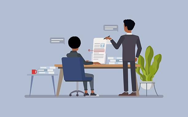 Man and woman editing a document on a computer using professional text editing software. Character vector illustration design. Man and woman editing a document on a computer using professional text editing software. Character vector illustration design. CIPD Assignment Writing: Discussing the Importance of Employee Recognition stock illustrations