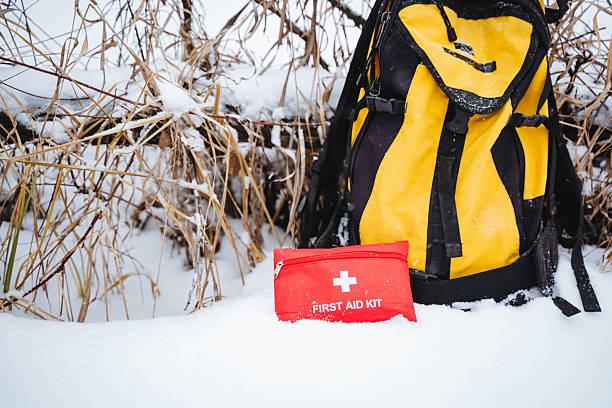 istock A cheerful yellow backpack is nestled in the soft white snow, complementing a vibrant red first aid kit, creating a striking contrast in this picturesque and enchanting winter wonderland 2243243511