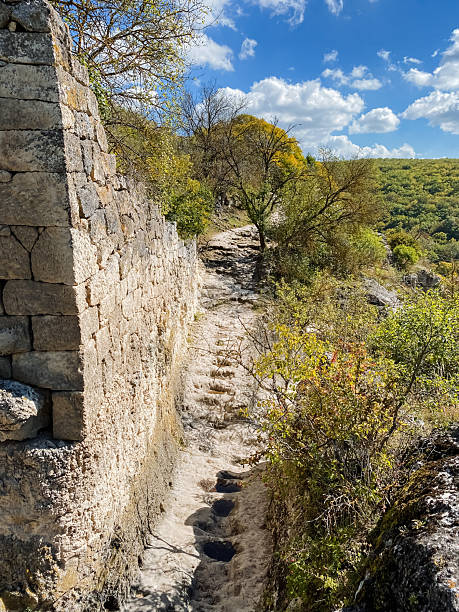 istock A sturdy and impressive stone wall towers high amidst the dense woods, featuring gracefully designed stairs that invite adventurers to explore this remarkable geological formation 2243243565