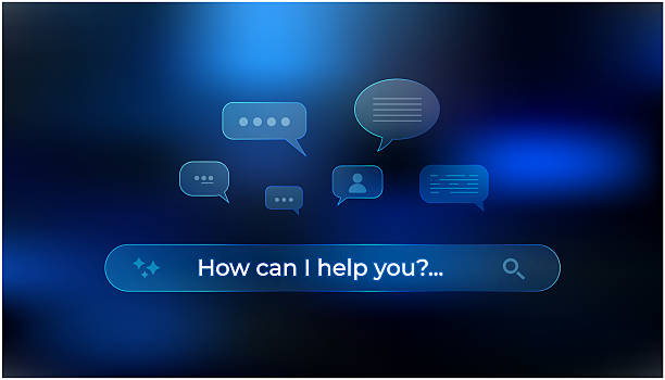 Futuristic AI Glassmorphism Virtual Assistant Bar for Customer Service, with digital and technological icons. Futuristic Intelligent Search Automation, Business Support, Futuristic AI. UI UX Design Glassmorphism Futuristic Intelligent Search bar Automation, Digital Business Support, Futuristic AI. Blue color artificial intelligence business stock illustrations