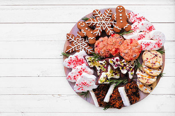 istock Christmas dessert platter. Above view on a white wood background. 2243257044