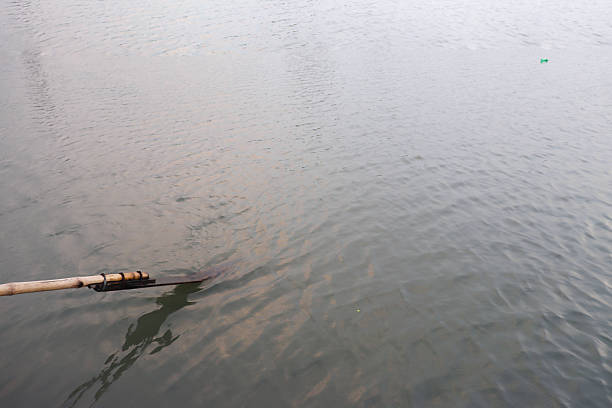 A solitary wooden pole rests in the tranquil, glassy surface of the water, its reflection subtly mirroring the muted tones of the overcast sky above.