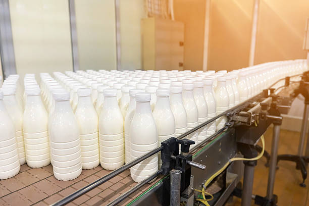 istock Milk packaging line with bottles on a conveyor belt in a dairy plant 2243260098