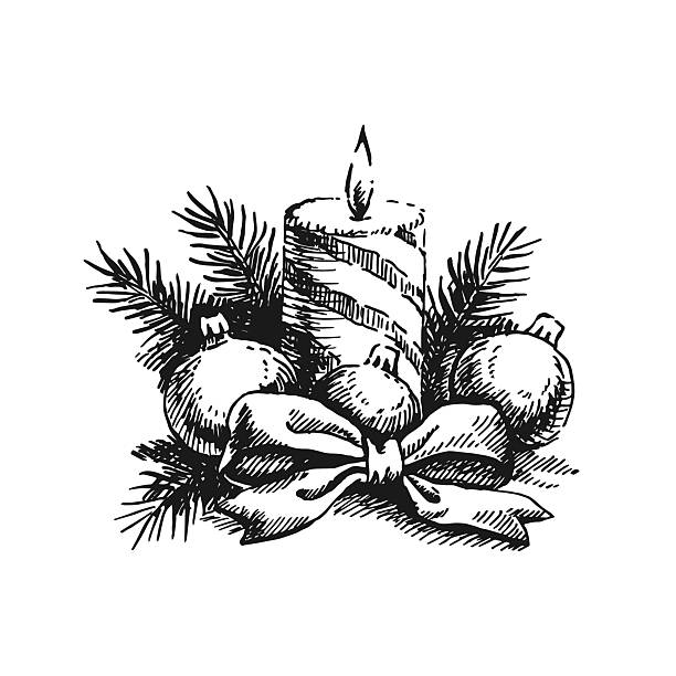 Holiday candle and  pine branches, knot, christmas baubles for festive decorations.
