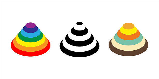 Set three abstract stacked cone shapes: rainbow, black white, pastel, posters, presentations, playful branding , vector
