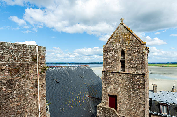 Mont Saint-Michel, France - August 28, 2021. Outdoor scene showing the wide flat landscape of Nothern France from inside Mont Saint-Michel.