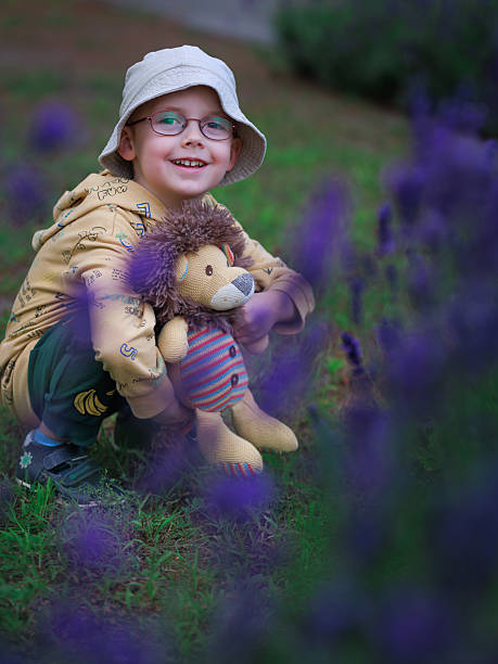 istock Boy with toy lion in lavender garden 2243281353