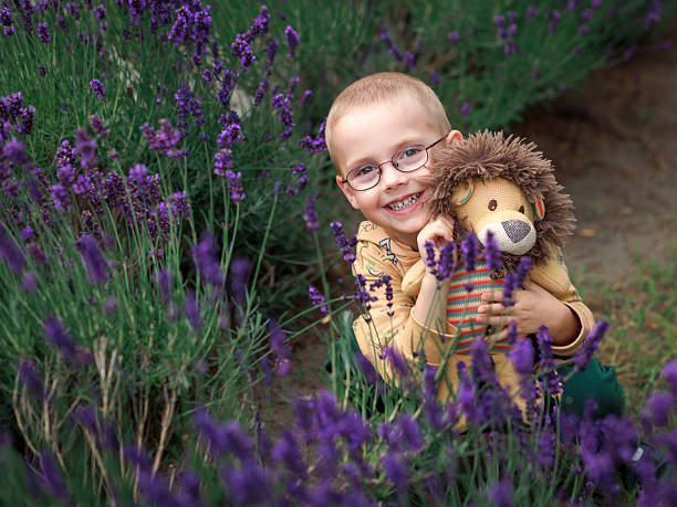 Smiling child with toy lion hiding among purple lavender bushes. Concept of tenderness, friendship, and peaceful summer childhood.