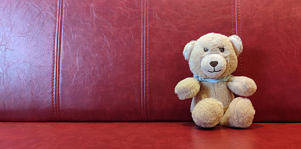 Teddy bear sitting on a red leather couch
