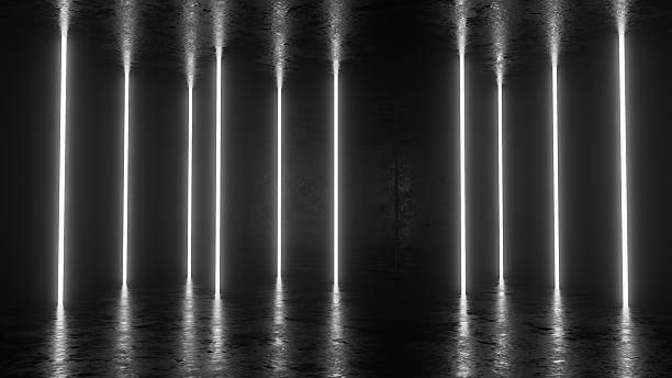 istock Bright neon lights illuminating dark industrial room background 2243292195