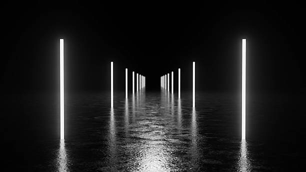 istock Bright neon lights illuminating dark wet path leading to unknown destination 2243292291