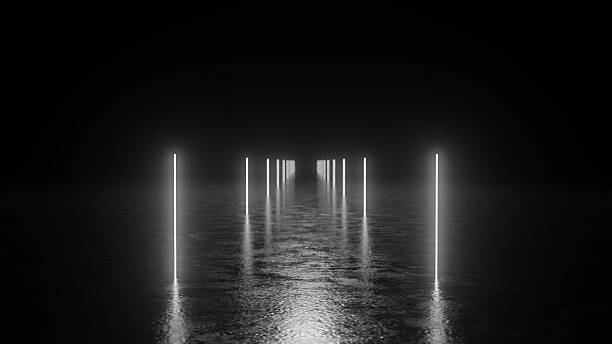 istock Bright neon lights illuminating dark water surface 2243292332