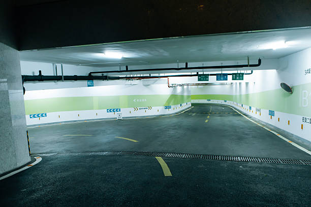istock Modern underground parking garage with green eco-style design and self-service payment system. Sustainable urban lifestyle concept representing clean energy, technology, and modern city living. 2243303909