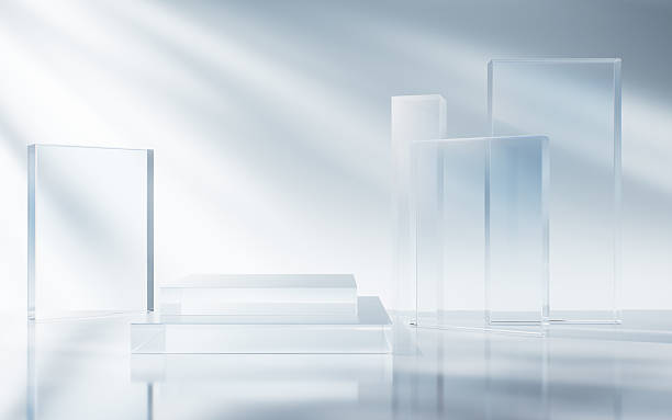 istock Transparent blue glass geometries background, 3d rendering. 2243304038