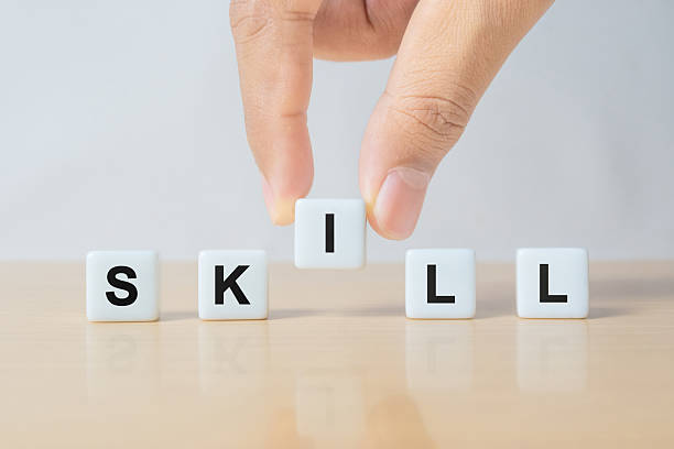 istock Businessman Arranging Dice to Form Skill Word 2243309438