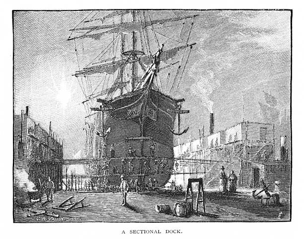 Ship moored at dock. Illustration published 1879. Copyright expired; artwork is in Public Domain.