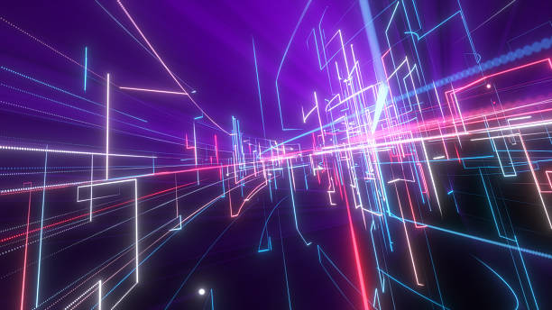 istock looping 3d animation. Abstract pink blue neon background with unfocussed glowing wavy lines and bokeh lights. 2243323757