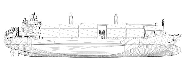 istock Blueprint of a large cargo container ship in 3D wireframe view. The detailed model shows the hull, superstructure, and other structural features on a plain white background. 2243334818