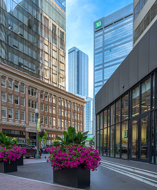 Edmonton, Canada, August 11, 2025: Modern city street corner with petunia flower boxes in summer season