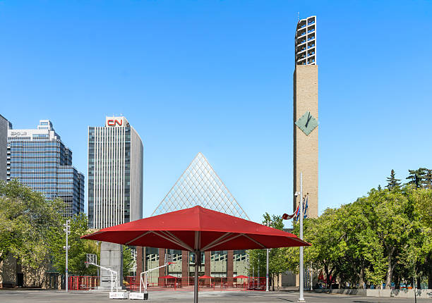 Edmonton, Canada, September 18, 2025: Churchill Square with red elements and blue sky background